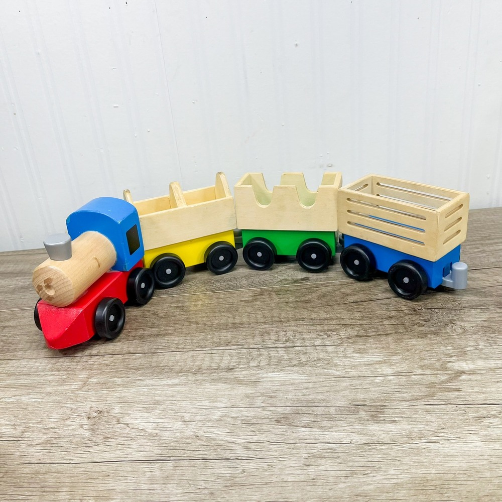 Melissa and Doug Wooden Farm Train Set Red Engine with 3 Colorful Cars
